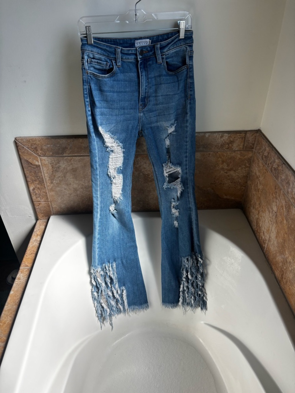 Cello Distressed Medium Blue High-Rise Fringe Hem Flare Jeans